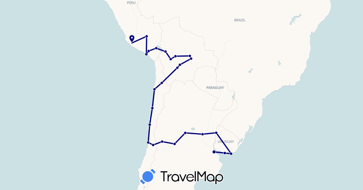 TravelMap itinerary: driving in Argentina, Bolivia, Chile, Peru, Uruguay (South America)